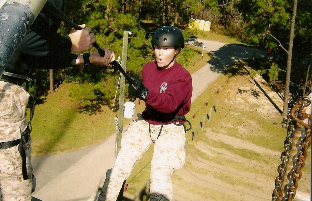 Kate Hendricks Thomas rappels from a tower while serving as a Marine.